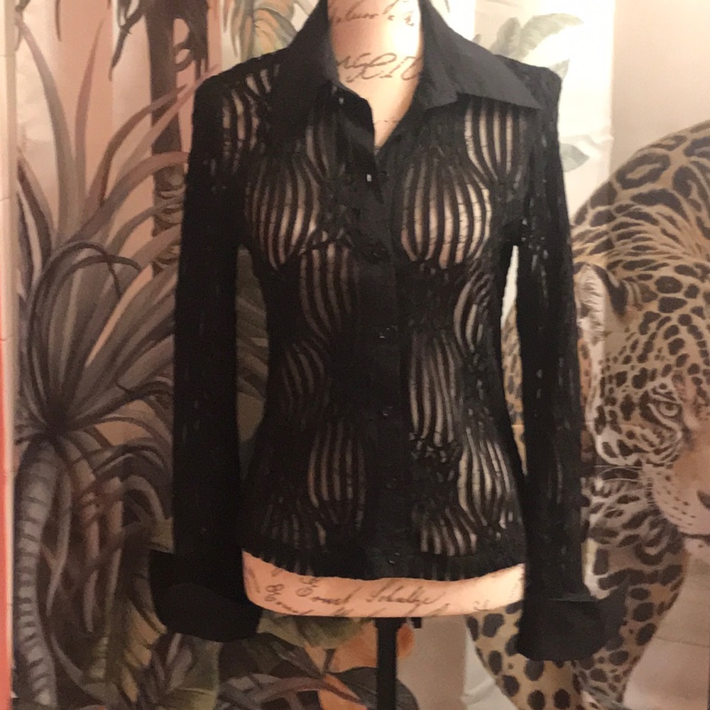 VINTAGE ELL JAY SEXY BLACK BURN-OUT BUTTON FRONT BLOUSE SIZE 6